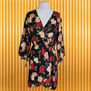 Speed Control NY Black Floral Pullover Dress L Elastic Waist 3/4 Sleeve